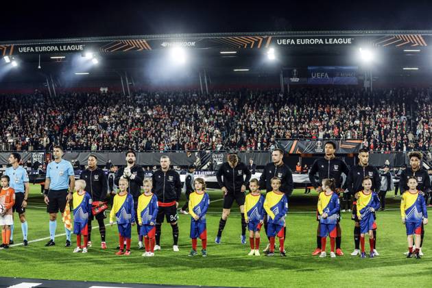 NIJMEGEN - NEC line-up during the Europa League match between NEC and PFC Levski Sofia at De Goffert on October 15, 2026 in Nijmegen, the Netherlands. BART STOUTJESDIJK ANP xVIxANPxSportx xxANPxIVx 572551654 originalFilename: 572551654.jpg