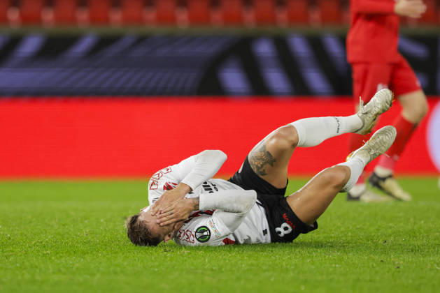 Soccer, Conference League 2026 Brann Lincoln Red Imps Bergen 20261015 Lincoln Red Imps Mandi lies on the ground during the Conference League soccer match between SK Brann and Lincoln Red Imps at Brann Stadium. Photo: Paul S. Amundsen, NTB, Bergen, Norway. EDITORIAL USE ONLY. RESTRICTED USE BY BETTING COMPANIES  Copyright: xPaulxS.xAmundsenx xNTBx