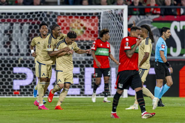 NIJMEGEN - (l-r) Levski Sofia defender Christian Makoun and Levski Sofia forward Everton Bala celebrate the 0-1 during the UEFA Europa League match between N.E.C. and Levski Sofia at Stadion De Goffert on 15 October 2026 in Nijmegen , Nederland. (Photo by DeFodi Images) -