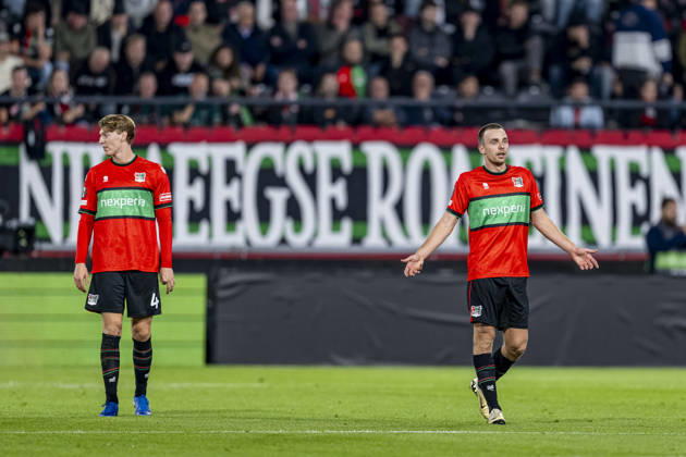 NIJMEGEN - (l-r) NEC Nijmegen defender Perr Schuurs and NEC Nijmegen midfielder Darko Nejaömic appear dejected during the UEFA Europa League match between N.E.C. and Levski Sofia at Stadion De Goffert on 15 October 2026 in Nijmegen, Netherlands. (Photo by DeFodi Images) -