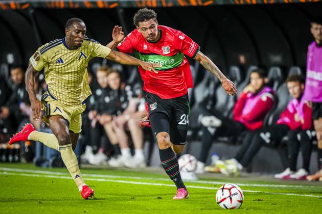 NIJMEGEN , 15-10-2026 , Stadium De Goffert , season 2026 2027 , UEFA Europa League football , match between NEC Nijmegen and Levski Sofia , picture shows Levski Sofia player Aldair Neves and NEC Nijmegen player Deveron Fonville NEC - Levski Sofia  x208454650x Copyright: