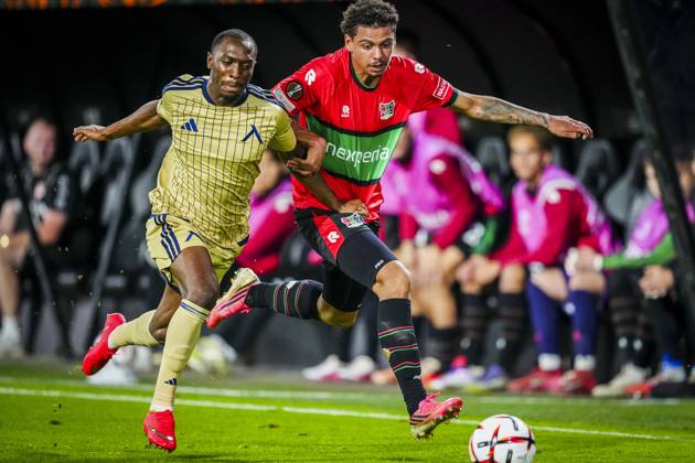 NIJMEGEN , 15-10-2026 , Stadium De Goffert , season 2026 2027 , UEFA Europa League football , match between NEC Nijmegen and Levski Sofia , picture shows Levski Sofia player Aldair Neves and NEC Nijmegen player Deveron Fonville NEC - Levski Sofia  x208454673x Copyright: