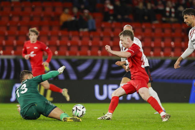 Soccer, Conference League 2026: Brann vs. Lincoln Red Imps, Bergen, October 15, 2026. Brann’s Saevar Atli Magnusson and Lincoln Red Imps’ Jaylan Hankins during the Conference League soccer match between SK Brann and Lincoln Red Imps at Brann Stadium. Photo by Paul S. Amundsen, NTB, Bergen, Norway. EDITORIGINAL USE ONLY; RESTRICTED USE FOR BETTING COMPANIES  Copyright: xPaulxS.xAmundsenx xNTBx