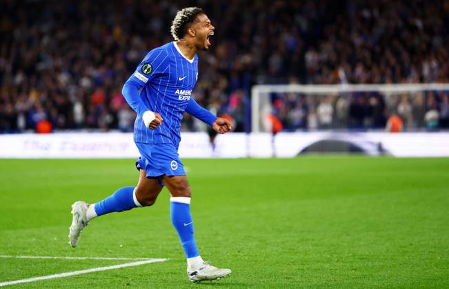 Georginio Rutter of Brighton and Hove Albion celebrates scoring a goal after making the score 1-0. Brighton & Hove Albion v Kauno Zalgiris, UEFA Conference League, Football, American Express Stadium, Brighton, UK - 15 Oct 2026Brighton American Express Stadium United Kingdom  Copyright: xJamesxMarsh Shutterstockx 17218542ai