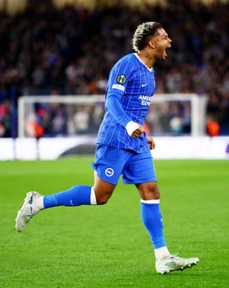 Georginio Rutter of Brighton and Hove Albion celebrates scoring a goal after making the score 1-0. Brighton & Hove Albion v Kauno Zalgiris, UEFA Conference League, Football, American Express Stadium, Brighton, UK - 15 Oct 2026Brighton American Express Stadium United Kingdom  Copyright: xJamesxMarsh Shutterstockx 17218542aj