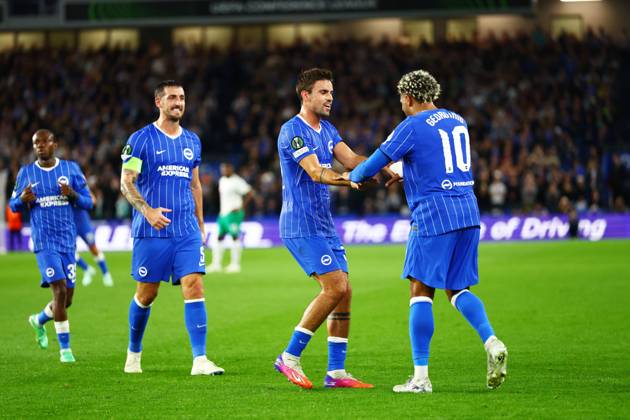 Georginio Rutter of Brighton and Hove Albion celebrates scoring a goal after making the score 1-0. Brighton & Hove Albion v Kauno Zalgiris, UEFA Conference League, Football, American Express Stadium, Brighton, UK - 15 Oct 2026Brighton American Express Stadium United Kingdom  Copyright: xJamesxMarsh Shutterstockx 17218542al