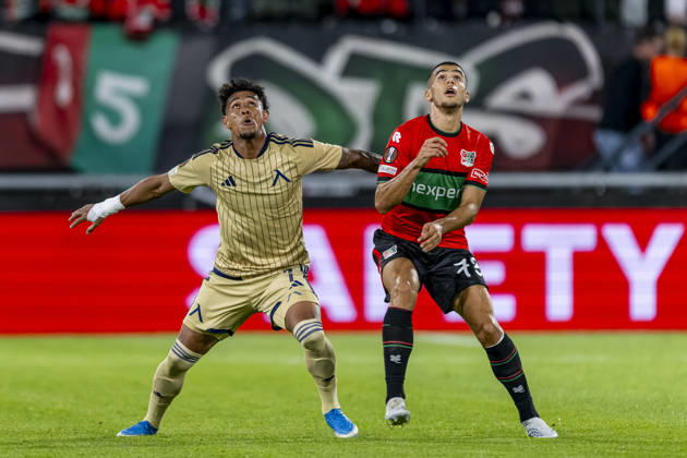 NIJMEGEN - (l-r) Levski Sofia forward Reinaldo and NEC Nijmegen defender Gabriel Brás during the UEFA Europa League match between N.E.C. and Levski Sofia at Stadion De Goffert on 15 October 2026 in Nijmegen, Nederland. (Photo by DeFodi Images) -