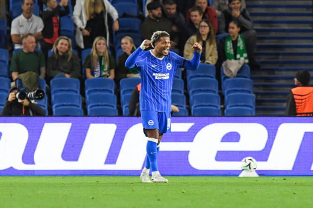 Brighton and Hove Albion v Kauno Zalgiris, UEFA Conference League GOAL CELEBRATION by Georginio Rutter Forward of Brighton and Hove Albion after he made it 1-0 during the UEFA Conference League match between Brighton and Hove Albion and Kauno Zalgiris at the American Express Stadium, Brighton and Hove, UK on 15 October 2026. Brighton and Hove American Express Stadium East Sussex UK Editorial use only , Copyright: xJeffxMoodx PSI-25024-0013