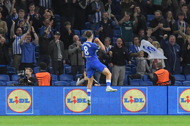 Brighton and Hove Albion v Kauno Zalgiris, UEFA Conference League GOAL CELEBRATION 2-0 by the scorer Jack Hinshelwood Midfielder of Brighton and Hove Albion during the UEFA Conference League match between Brighton and Hove Albion and Kauno Zalgiris at the American Express Stadium, Brighton and Hove, UK on 15 October 2026. Brighton and Hove American Express Stadium East Sussex UK Editorial use only , Copyright: xJeffxMoodx PSI-25024-0015