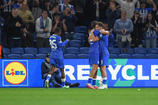 Brighton and Hove Albion v Kauno Zalgiris, UEFA Conference League GOAL CELEBRATION 2-0 by the scorer Jack Hinshelwood Midfielder of Brighton and Hove Albion during the UEFA Conference League match between Brighton and Hove Albion and Kauno Zalgiris at the American Express Stadium, Brighton and Hove, UK on 15 October 2026. Brighton and Hove American Express Stadium East Sussex UK Editorial use only , Copyright: xJeffxMoodx PSI-25024-0016