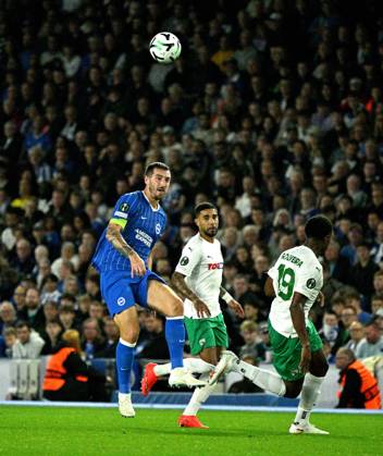 Lewis Dunk of Brighton wins the ball in the air during the UEFA Conference League match between Brighton and Hove Albion and Kuano Zalgiris at the American Express Stadium , Brighton , UK - 15th October 2026 Brighton & Hove Albion vs Kuano Zalgiris UEFA Conference League Football, Amex Stadium, Sussex, United Kingdom - 15 Oct 2026Brighton Amex Stadium Sussex United Kingdom Editorial use only. No merchandising. For Football images FA and Premier League restrictions apply inc. no internet mobile usage without FAPL license - for details contact Football Dataco  Copyright: xSimonxDack TPI Shutterstockx 17218395r