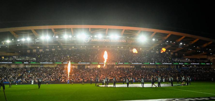 Flames before the UEFA Conference League match between Brighton and Hove Albion and Kuano Zalgiris at the American Express Stadium , Brighton , UK - 15th October 2026 Brighton & Hove Albion vs Kuano Zalgiris UEFA Conference League Football, Amex Stadium, Sussex, United Kingdom - 15 Oct 2026Brighton Amex Stadium Sussex United Kingdom Editorial use only. No merchandising. For Football images FA and Premier League restrictions apply inc. no internet mobile usage without FAPL license - for details contact Football Dataco  Copyright: xSimonxDack TPI Shutterstockx 17218395o