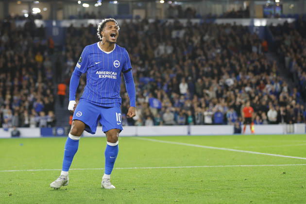 RECORD DATE NOT STATED 15th October 2026; American Express Stadium, Brighton, England; UEFA Conference League Football, Brighton and Hove Albion versus Kauno Zalgiris; Georginio Rutter of Brighton and Hove Albion celebrates his teams first goal in the 42nd minute ChrisxRoll