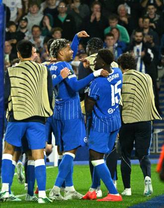 Georginio Rutter of Brighton on the left celebrates after scoring their third goal during the UEFA Conference League match between Brighton and Hove Albion and Kuano Zalgiris at the American Express Stadium , Brighton , UK - 15th October 2026 Brighton & Hove Albion vs Kuano Zalgiris UEFA Conference League Football, Amex Stadium, Sussex, United Kingdom - 15 Oct 2026Brighton Amex Stadium Sussex United Kingdom Editorial use only. No merchandising. For Football images FA and Premier League restrictions apply inc. no internet mobile usage without FAPL license - for details contact Football Dataco  Copyright: xSimonxDack TPI Shutterstockx 17218395v