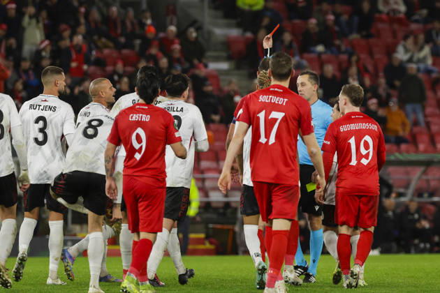 Soccer, Conference League 2026 Brann Lincoln Red Imps Bergen 20261015 Referee Dalibor ÄaernÃ½ shows a red card to Lincoln Red Imps’ Gabriel Cardozo during the Conference League soccer match between SK Brann and Lincoln Red Imps at Brann Stadium. Photo: Paul S. Amundsen NTB Bergen, Norway EDITORIAL USE ONLY RESTRICTED USE FOR BETTING COMPANIES  Copyright: xPaulxS.xAmundsenx xNTBx