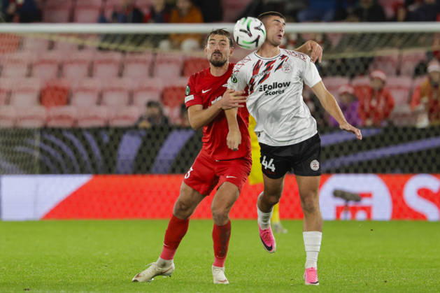 Soccer, Conference League 2026 Brann vs. Lincoln Red Imps, Bergen, October 15, 2026. Lincoln Red Imps’ Manu Toledano and Brann’s Fredrik Pallesen Knudsen during the Conference League soccer match between SK Brann and Lincoln Red Imps at Brann Stadium. Photo by Paul S. Amundsen, NTB, Bergen, Norway. EDEDITORIAL USE ONLY; RESTRICTED USE FOR BETTING COMPANIES  Copyright: xPaulxS.xAmundsenx xNTBx