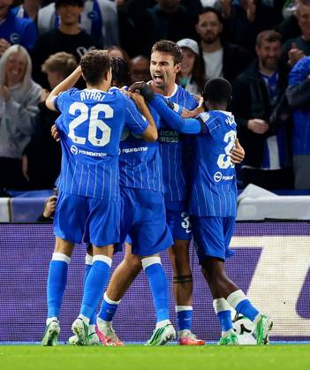 Matt O Riley of Brighton and Hove Albion celebrates scoring a goal after making the score 4-0. Brighton & Hove Albion v Kauno Zalgiris, UEFA Conference League, Football, American Express Stadium, Brighton, UK - 15 Oct 2026Brighton American Express Stadium United Kingdom  Copyright: xJamesxMarsh Shutterstockx 17218542ba