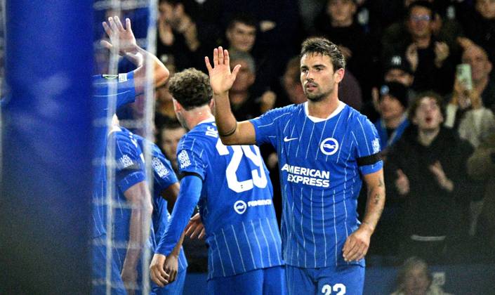 Matt O Riley of Brighton celebrates scoring their fourth goal during the UEFA Conference League match between Brighton and Hove Albion and Kuano Zalgiris at the American Express Stadium , Brighton , UK - 15th October 2026 Brighton & Hove Albion vs Kuano Zalgiris UEFA Conference League Football, Amex Stadium, Sussex, United Kingdom - 15 Oct 2026Brighton Amex Stadium Sussex United Kingdom Editorial use only. No merchandising. For Football images FA and Premier League restrictions apply inc. no internet mobile usage without FAPL license - for details contact Football Dataco  Copyright: xSimonxDack TPI Shutterstockx 17218395y