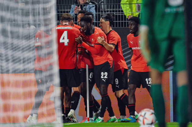 FOOTBALL : Stade Rennais vs OFI Crete - Europa League - Journée 2 - 15 10 2026 Joie des joueurs du Stade Rennais aprés le but de Abdelhamid Ait Boudlal (Stade Rennais) RennesFrance  Copyright: xBaptistexAutissierx