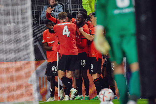 FOOTBALL : Stade Rennais vs OFI Crete - Europa League - Journée 2 - 15 10 2026 Joie des joueurs du Stade Rennais aprés le but de Abdelhamid Ait Boudlal (Stade Rennais) RennesFrance  Copyright: xBaptistexAutissierx