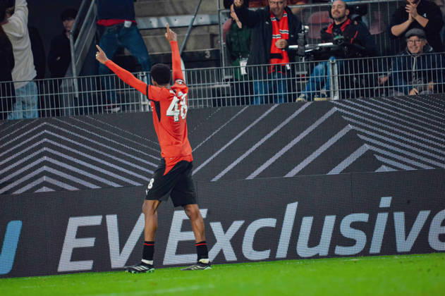 FOOTBALL : Stade Rennais vs OFI Crete - Europa League - Journée 2 - 15 10 2026 Joie des joueurs du Stade Rennais aprés le but de Abdelhamid Ait Boudlal (Stade Rennais) RennesFrance  Copyright: xBaptistexAutissierx