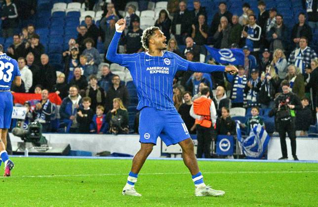 Georginio Rutter of Brighton celebrates their win during the UEFA Conference League match between Brighton and Hove Albion and Kuano Zalgiris at the American Express Stadium , Brighton , UK - 15th October 2026 Brighton & Hove Albion vs Kuano Zalgiris UEFA Conference League Football, Amex Stadium, Sussex, United Kingdom - 15 Oct 2026Brighton Amex Stadium Sussex United Kingdom Editorial use only. No merchandising. For Football images FA and Premier League restrictions apply inc. no internet mobile usage without FAPL license - for details contact Football Dataco  Copyright: xSimonxDack TPI Shutterstockx 17218395ag
