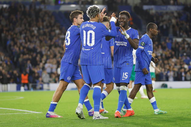 RECORD DATE NOT STATED 15th October 2026; American Express Stadium, Brighton, England; UEFA Conference League Football, Brighton and Hove Albion versus Kauno Zalgiris; Georginio Rutter of Brighton and Hove Albion celebrates his teams first goal in the 42nd minute with Ibrahim Osman ChrisxRoll