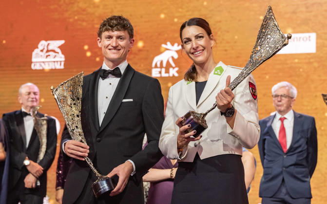 15.10.2026 30. LOTTERIEN Sporthilfe-Gala Preistraeger der NIKI Trophae in der Kategorie Sportler des Jahres 2026 presented by ACP Therapie Profi-Radrennfahrer, Zweiter des Giro d™Italia und Dritter der Vuelta a Espana 2026 Felix Gall und Preistraegerin der NIKI Trophae in der Kategorie Sportlerin des Jahres 2026 presented by Bridgestone Skeleton-Olympiasiegerin 2026 Heeressportlerin Janine Flock. Wien Wiener Stadthalle Wien Österreich
