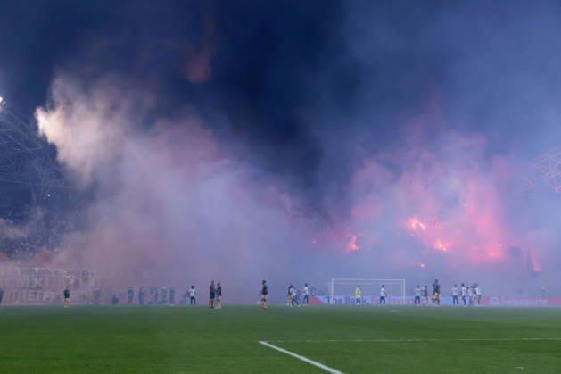 October 15, 2026, Split, Dalmatia, Croatia: Torcida Split, supporters of HNK Hajduk Split, set off numerous flares during the UEFA Conference League match between HNK Hajduk Split (CRO) and AFC Ajax Amsterdam (NL) at Poljud Stadium. Split Croatia - ZUMAp210 20261015_zsp_p210_001 Copyright: xMajaxPrgometx
