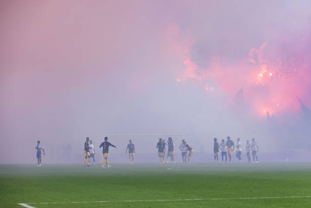 October 15, 2026, Split, Dalmatia, Croatia: Torcida Split, supporters of HNK Hajduk Split, set off numerous flares during the UEFA Conference League match between HNK Hajduk Split (CRO) and AFC Ajax Amsterdam (NL) at Poljud Stadium. Split Croatia - ZUMAp210 20261015_zsp_p210_014 Copyright: xMajaxPrgometx