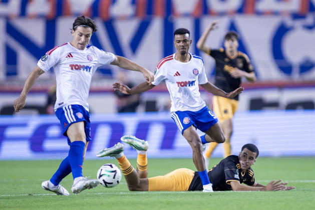 October 15, 2026, Split, Dalmatia, Croatia: ALBERTO DEL MORAL (20) and DALISSON DE ALMEIDA (9) of HNK Hajduk Split in action as ABDELLAH OUAZANE (68) of AFC Ajax lies on the ground during the UEFA Conference League match between HNK Hajduk Split (CRO) and AFC Ajax Amsterdam (NED) at Poljud Stadium in Split. Split Croatia - ZUMAp210 20261015_zsp_p210_037 Copyright: xMajaxPrgometx