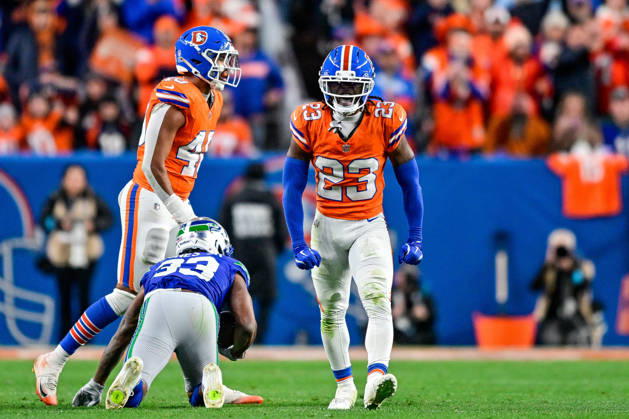 DENVER, CO - OCTOBER 15: Denver Broncos cornerback Jahdae Barron (23) celebrates after a defensive play in the fourth quarter during a game between the Seattle Seahawks and the Denver Broncos at Empower Field at Mile High on October 15, 2026 in Denver, Colorado. (Photo by Dustin Bradford Icon Sportswire) NFL, American Football Herren, USA OCT 15 Seahawks at Broncos EDITORIAL USE ONLY Icon132261015033