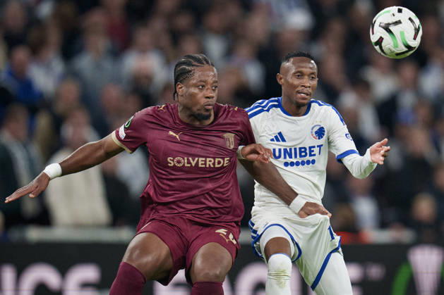 DENMARK: Conference League: FC Copenhagen - SC Braga DENMARK: Conference League: FC Copenhagen - SC Braga SC Braga s Bright Arrey-Mbi and FCK s Thapelo Maseko during the UEFA Conference League match between FC Copenhagen and SC Braga at Parken in Copenhagen on Thursday, October 15, 2026. Photo: Liselotte Sabroe Ritzau Scanpix , Copenhagen Denmark