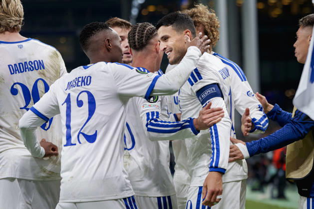 DENMARK: Conference League: FC Copenhagen - SC Braga DENMARK: Conference League: FC Copenhagen - SC Braga FCK s Mohamed Elyounoussi scores to make it 1-0 and celebrates with Thapelo Maseko during the UEFA Conference League match between FC Copenhagen and SC Braga at Parken in Copenhagen on Thursday, October 15, 2026. Photo: Liselotte Sabroe Ritzau Scanpix , Copenhagen Denmark