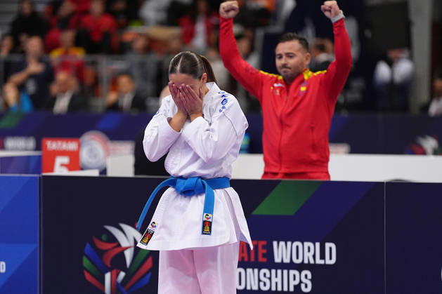 2026 World Cadet, Junior & U21, U 21 Karate Championships BIELSKO-BIALA, POLAND - OCTOBER 16: Candela Pena Garcia of Spain celebrates victory after winning the cadet female individual kata semi-final at the 2026 World Cadet, Junior & U21 Karate Championships at Hala Pod Debowcem on October 16, 2026 in Bielsko-Biala, Poland. Bielsko-Biala Hala Pod Debowcem Poland Copyright: x2026xKaratexInsights PSxImagesxMartinxKremser KaratexInsightsx