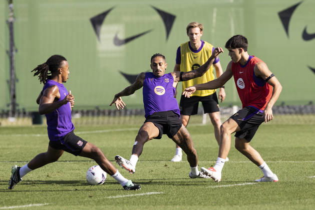 October 16, 2026, Sant Joan Despi, Barcelona, Spain: Jules Kounde, Raphinha and Pau Cubarsi during the training day of FC Barcelona, Barca ahead the Spanish League, Laliga EA Sports, football match against Real Betis at Ciudad Esportiva Joan Gamper on October 16, 2026 in Sant Joan Despi, Barcelona, Spain. FC Barcelona Training And press conference, PK, Pressekonferenz - LaLiga EA Sports  - ZUMAa181 20261016_zaa_a181_033 Copyright: xJavierxBorregox