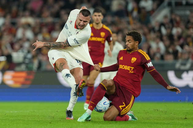Milutin Osmajic of Genoa CFC and Devyne Rensch of AS Roma during the Serie A 2026 2027 football match between AS Roma and Genoa CFC at Stadio Olimpico in Rome (Italy), October 17, 2026. antoniettaxbaldassarre