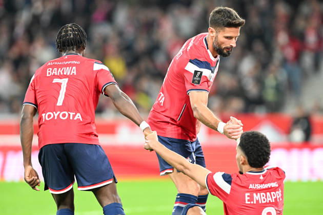 261017 Lille OSC vs Brest Dilane Bakwa (7) of Lille, Olivier Giroud (9) of Lille and Ethan Mbappe (8) of Lille pictured during the French Mc Donalds Ligue 1 season 2026 - 2027 matchday 7 game between Lille OSC and Stade Brest on October 17 , 2026 in Lille, France. (Photo by Jill Delsaux Isosport) Lille France  Copyright: xJillxDelsauxx DSC_2785