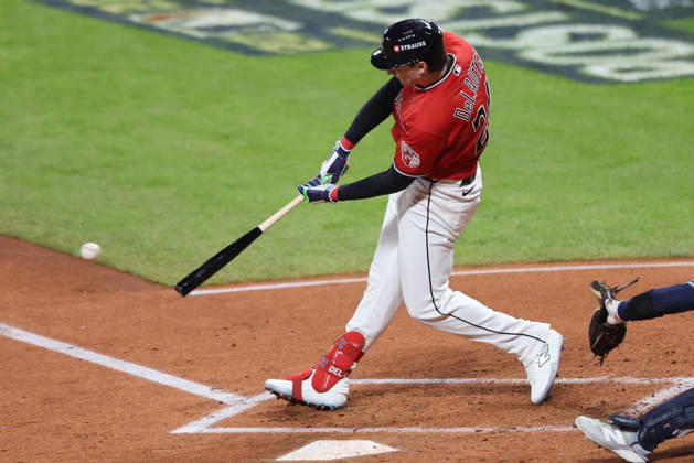 Cleveland Guardians Chase DeLauter (24) hits an rbi-single against the Tampa Bay Rays in the first inning during game four of the MLB, Baseball Herren, USA American League Championship Series at Progressive Field in Cleveland, Ohio, on Saturday, October 17, 2026.  CLE20261017704 AARONxJOSEFCZYK