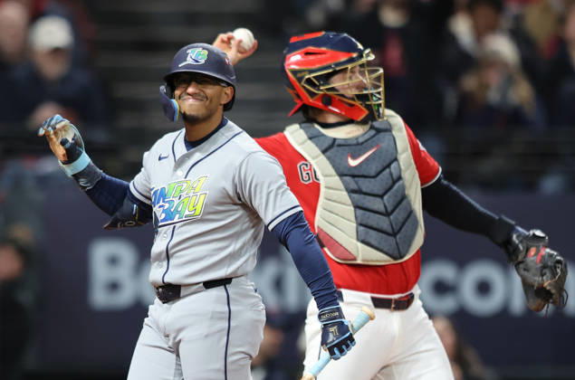 Tampa Bay Rays Richie Palacios (1) reacts after being struck out by Cleveland Guardians pitcher Foster Griffin in the third inning during game four of the MLB, Baseball Herren, USA American League Championship Series at Progressive Field in Cleveland, Ohio, on Saturday, October 17, 2026.  CLE20261017708 AARONxJOSEFCZYK