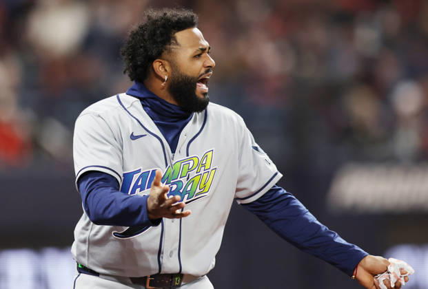 Tampa Bay Rays Junior Caminero (13) reacts after a single by Tampa Bay Rays Taylor Walls against the Cleveland Guardians in the seventh inning during game four of the MLB, Baseball Herren, USA American League Championship Series at Progressive Field in Cleveland, Ohio, on Saturday, October 17, 2026.  CLE20261017727 AARONxJOSEFCZYK