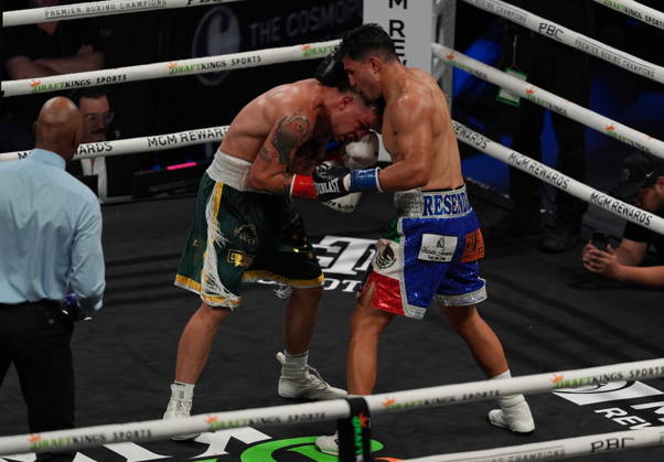 BOXING: Armando Resendiz vs Koen Mazoudier in Las Vegas LAS VEGAS, NEVADA - OCTOBER 17: Armando Resendiz (in blue short) and Koen Mazoudier (in green short) exchange punches during their super middleweight fight on Saturday night at the Chelsea of The Cosmopolitan in Las Vegas, Nevada, United States on October 17, 2026. Tayfun Coskun Anadolu Nevada United States. Editorial use only. Please get in touch for any other usage.  Copyright: x2026xAnadoluxTayfunxCoskunx