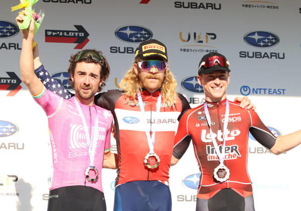 October 18, 2026, Utsunomiya, Japan - (L-R) Irish cyclist Ben Healey of EF Education - Easy Post, American Quinn Simmons of Lidl-Trek and Belgian Jenno Berckmoes of Lotto Intermarche pose for photo at the Utsunomiya Japan Cup Cycle Road Race in Utsunomiya, 100km north of Tokyo on Sunday, October 18, 2026. Simmons won the 144km race, Healey finished the runner-up and Berckmoes finished the second runner-up. (photo by Yoshio Tsunoda AFLO) Noxthirdxpartyxsales  0869825638st YoshioxTsunodax