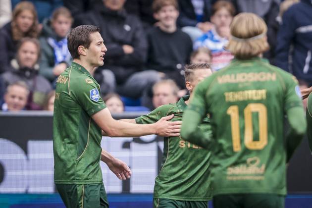 ZWOLLE , 18-10-2026 , mac3park , season 2026 2027 , Dutch Eredivisie football , match between PEC Zwolle and Go Ahead Eagles , picture shows GA Eagles player Stefan Sigurdarson scores the 0-1 PEC - Go Ahead Eagles  x208675520x Copyright: