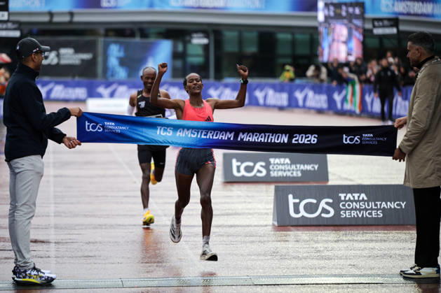 RECORD DATE NOT STATED 18th October 2026; Amsterdam, Netherlands; TCS Amsterdam Marathon; Buze Diriba of Ethiopia crosses the finish line to win the female elite race in a course record time of 2:16:12, the fastest women s marathon ever run in the Netherlands AnthonyxBenoit