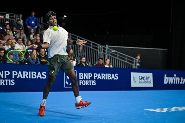 Nishesh Basavareddy of the United States pictured in action during the European Open ATP, Tennis Herren tennis tournament in Brussels, on Saturday 18 October. This year s edition of the tournament is taking place from 17 to 25 October DAVIDxPINTENS  x190207884x