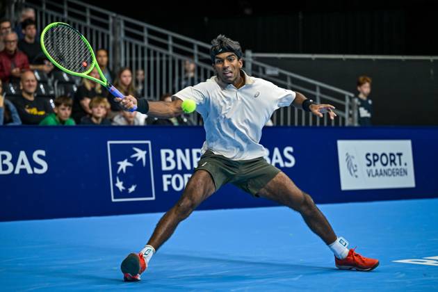 Nishesh Basavareddy of the United States pictured in action during the European Open ATP, Tennis Herren tennis tournament in Brussels, on Saturday 18 October. This year s edition of the tournament is taking place from 17 to 25 October DAVIDxPINTENS  x190207980x