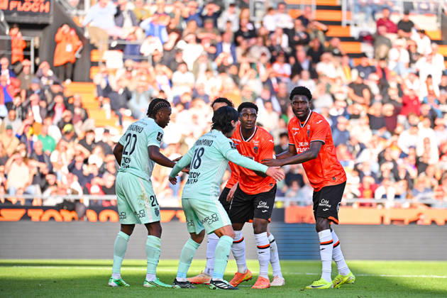 FC Lorient v AS Monaco - Ligue 1 McDonald s 2026 2027 Nathaniel ADJEI and Ibrahima BALDE with Takumi MINAMINO of Monaco during Ligue 1 McDonald s match between Lorient and Monaco at Stade du Moustoir on October 18, 2026 in Lorient, France. Lorient France  Copyright: xIconxSportx 776577183