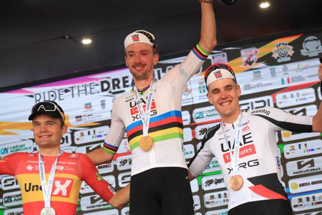 Veneto Classic - UCI Cycling race Pierre Teyssot MAXPPP ; Veneto Classic - UCI Cycling race . Bassano del Grappa, Italy on October 18, 2026. Reigning World Champion Brandon Mcnulty (USA) UAE TEAM EMIRATES XRG wins the race. Anthon CHARMIG (DK) Uno-X Mobility, Brandon Mcnulty (USA) UAE TEAM EMIRATES XRG, Pavel SIVAKOV (FRA) UAE Team Emirates-XRG at the podium Pierre Teyssot Maxppp Bassano del Grappa Veneto Italy  Copyright: xMAXPPPxPierrexTeyssotx TEY29391 TEY29391