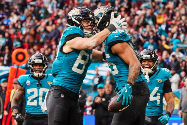 RECORD DATE NOT STATED 18th October 2026; Wembley Stadium, London, England; NFL, American Football Herren, USA American Football, Jacksonville Jaguars versus Houston Texans; Jacksonville Jaguars tight end Nate Boerkricher of the Jacksonville Jaguars celebrates scoring a touchdown MattxBenxStone
